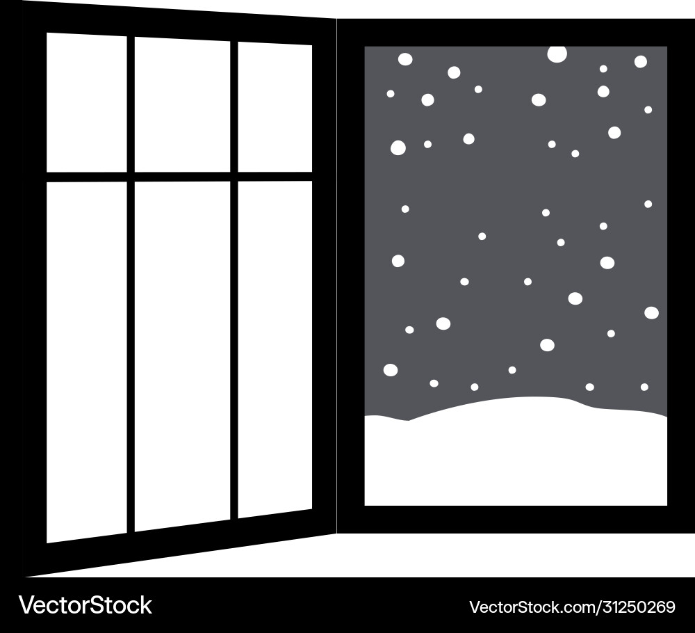Monochrome open window frame with falling snow Vector Image