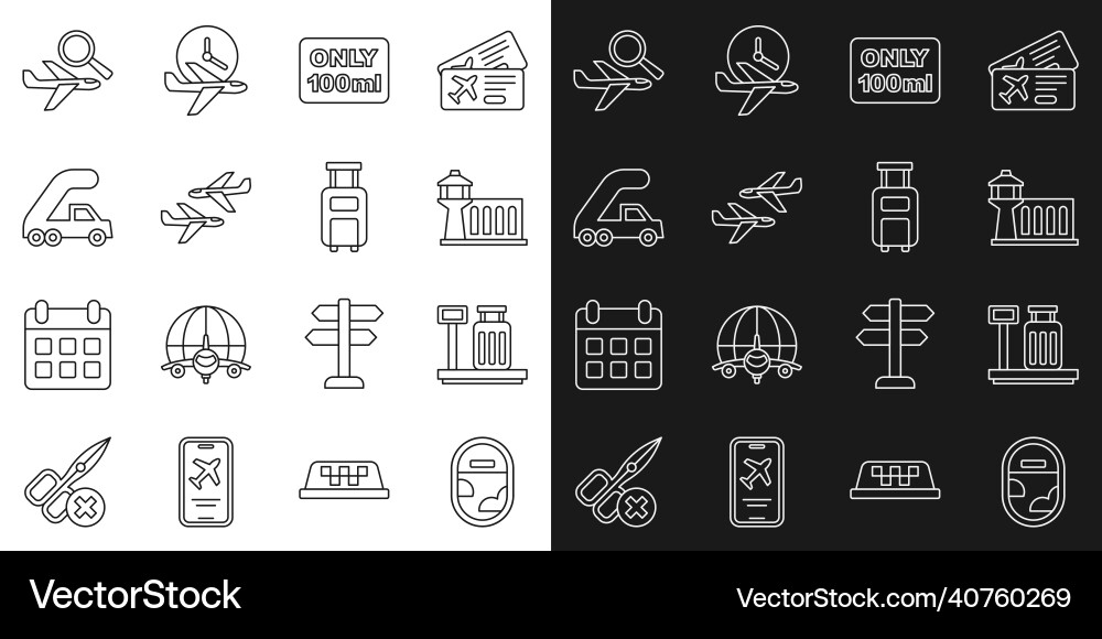 Set line airplane window scale with suitcase Set line airplane window scale with suitcase vector image