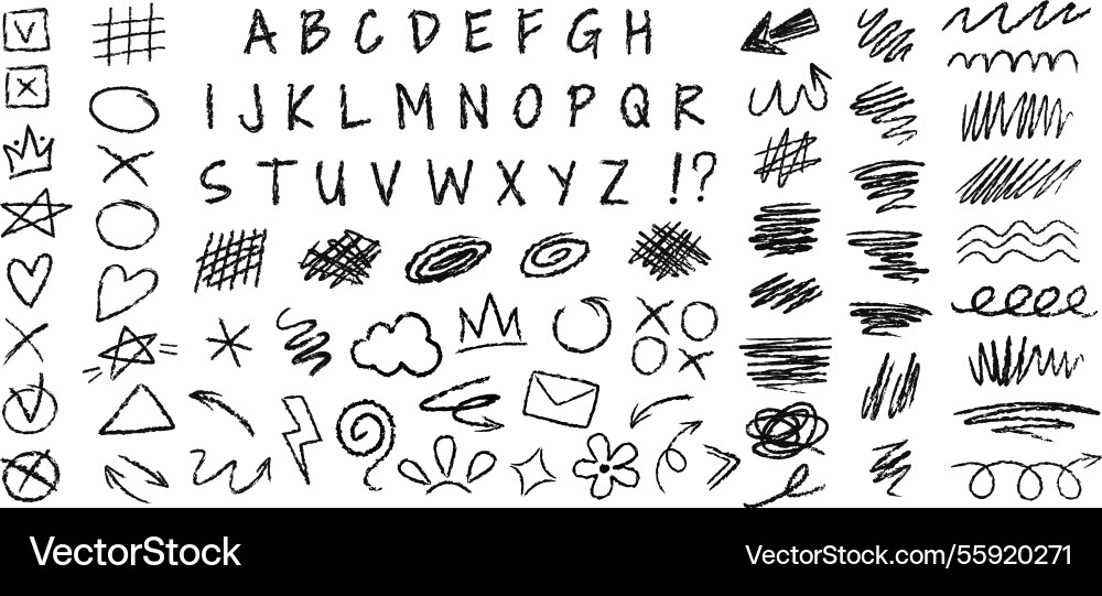 Charcoal doodles crayon schriftart scribble squiggles Charcoal doodles crayon schriftart scribble squiggles vektorbild