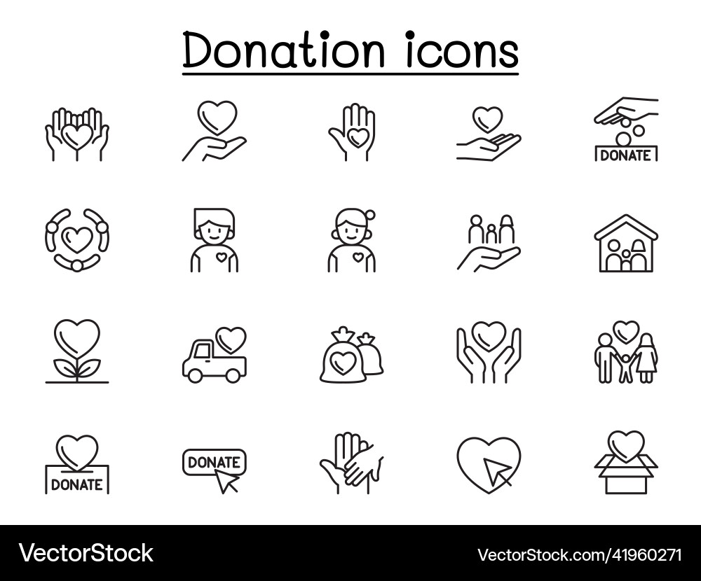 Charity donation icons set in thin line style Charity donation icons set in thin line style vector image