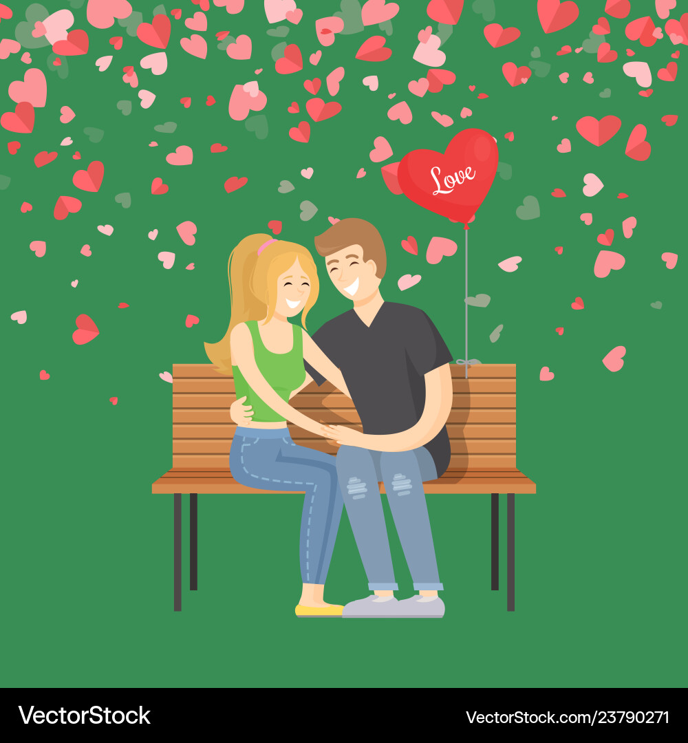 Hugging man and woman on bench valentine Hugging man and woman on bench valentine vector image