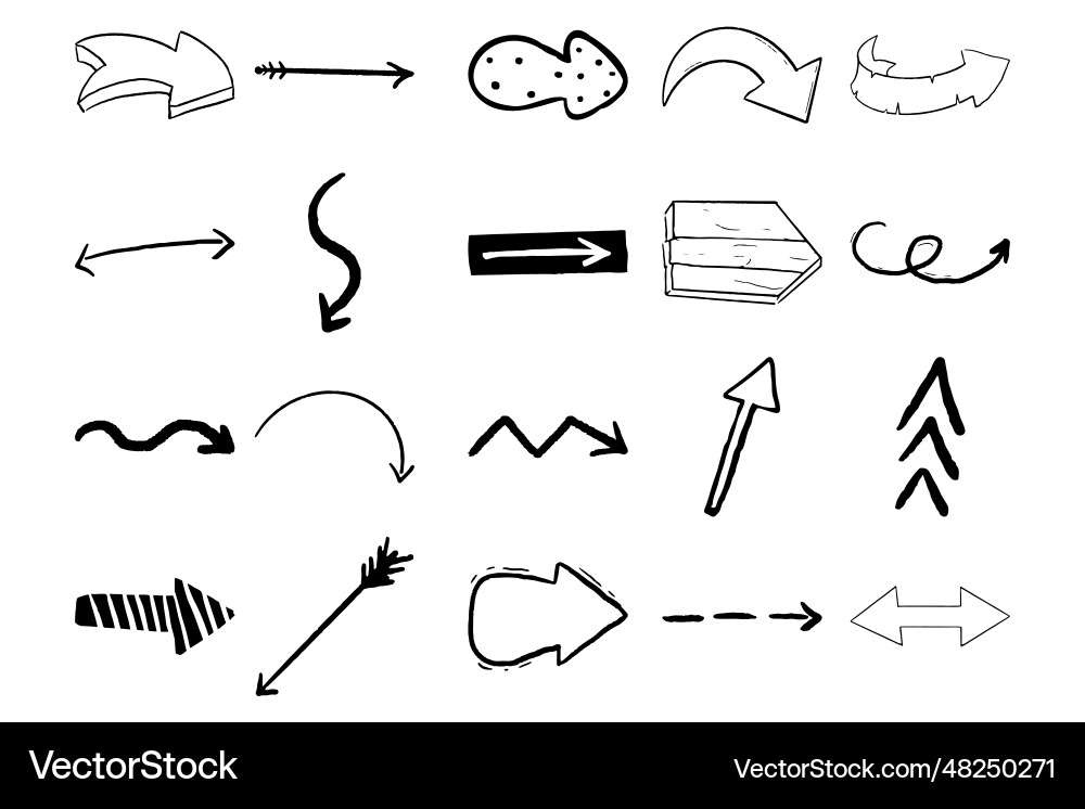 Set arrow pointer ink lines textured shapes hand Set arrow pointer ink lines textured shapes hand vector image