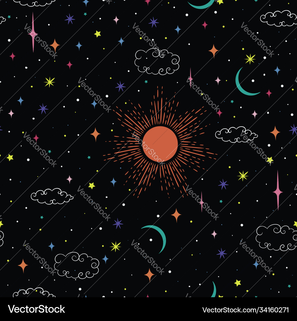 Starry sky seamless pattern with sun and moon Vector Image