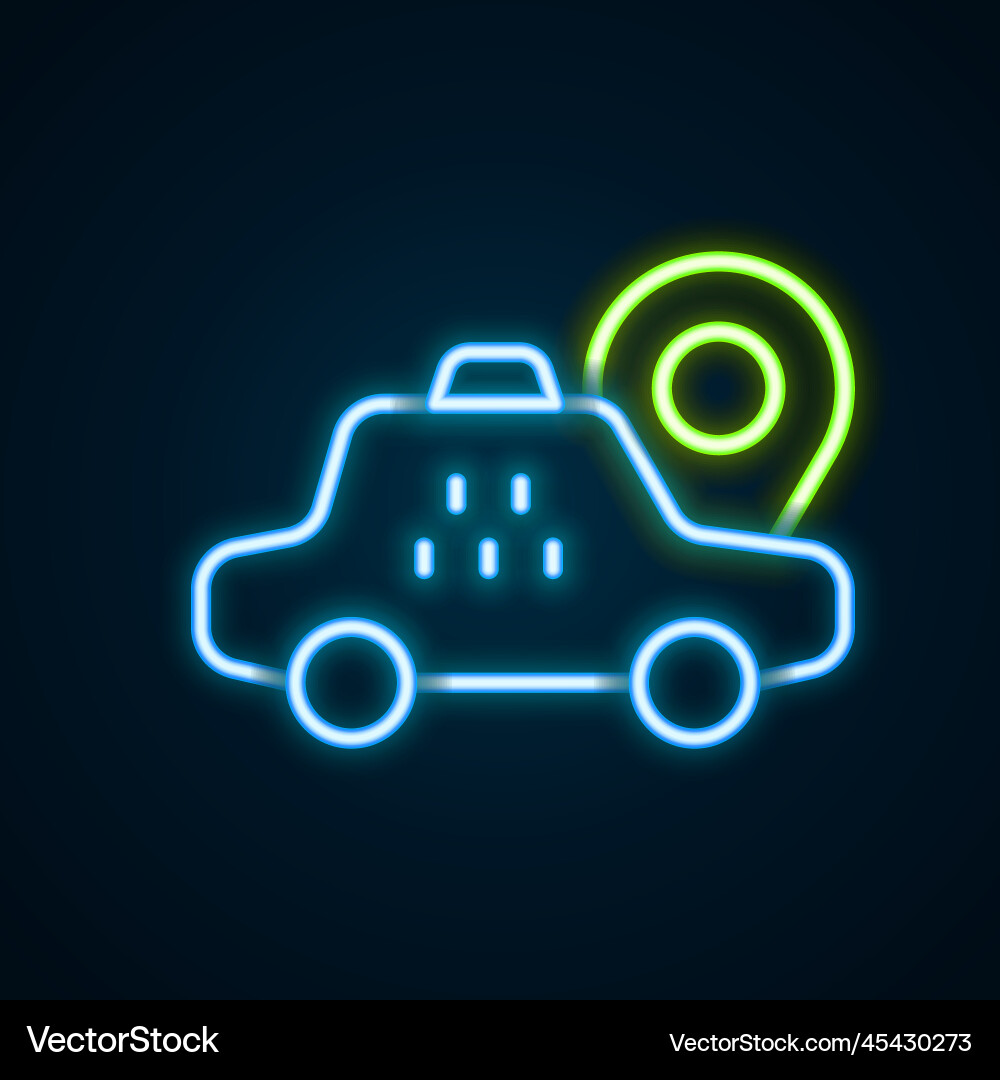 Glowing neon line map pointer with taxi car icon Glowing neon line map pointer with taxi car icon vector image