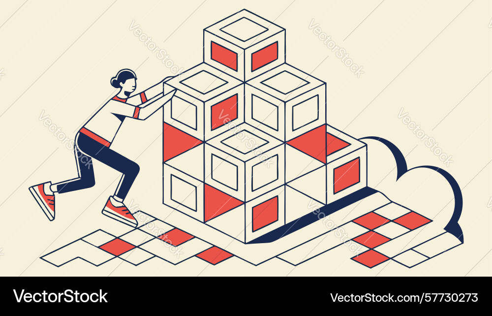 People constructing abstract cube pyramid vector image