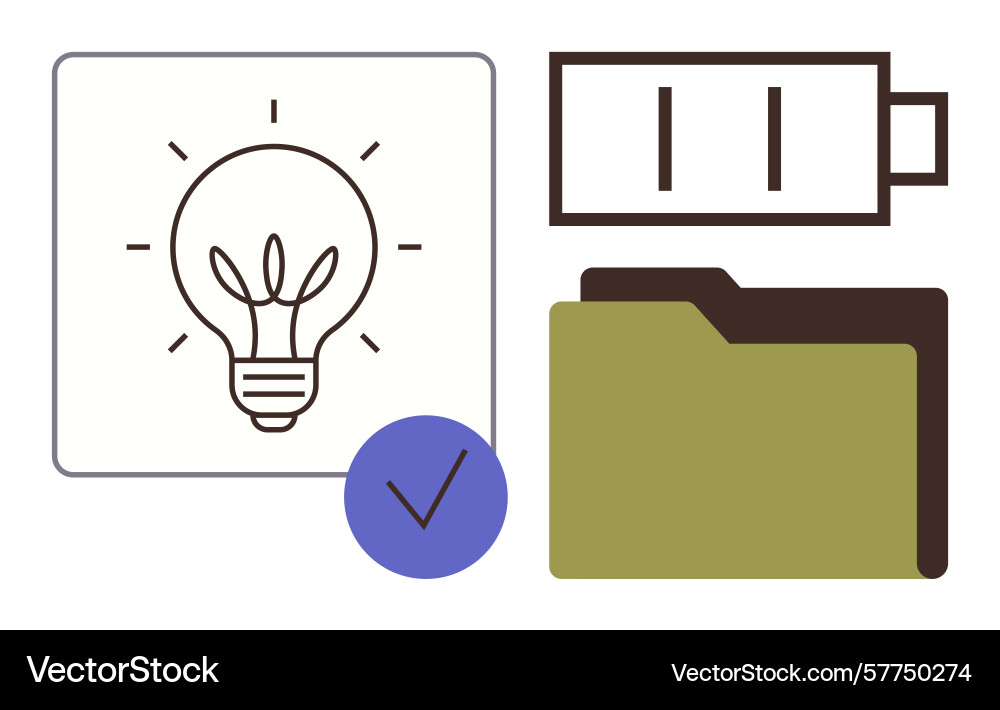Lightbulb battery file folder and checkmark Lightbulb battery file folder and checkmark vector image