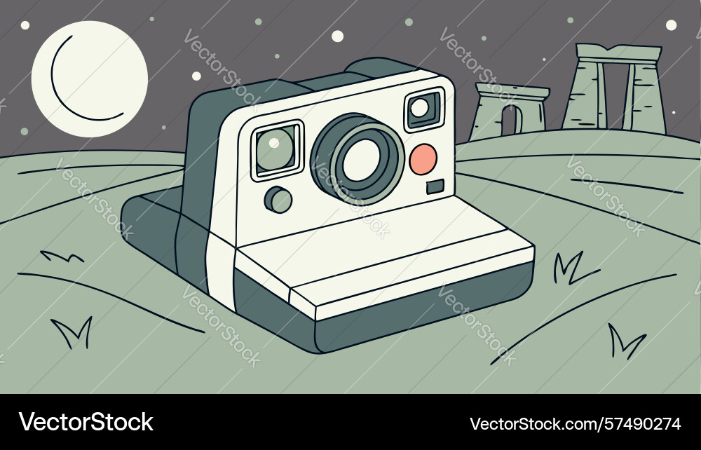 Retro camera at ancient monoliths capturing Vector Image