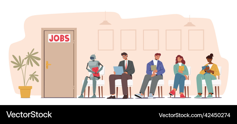 Robots and human applicants characters wait Robots and human applicants characters wait vector image