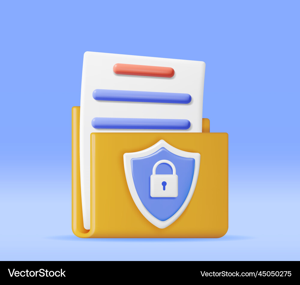 3d document folder with padlock in shield 3d document folder with padlock in shield vector image