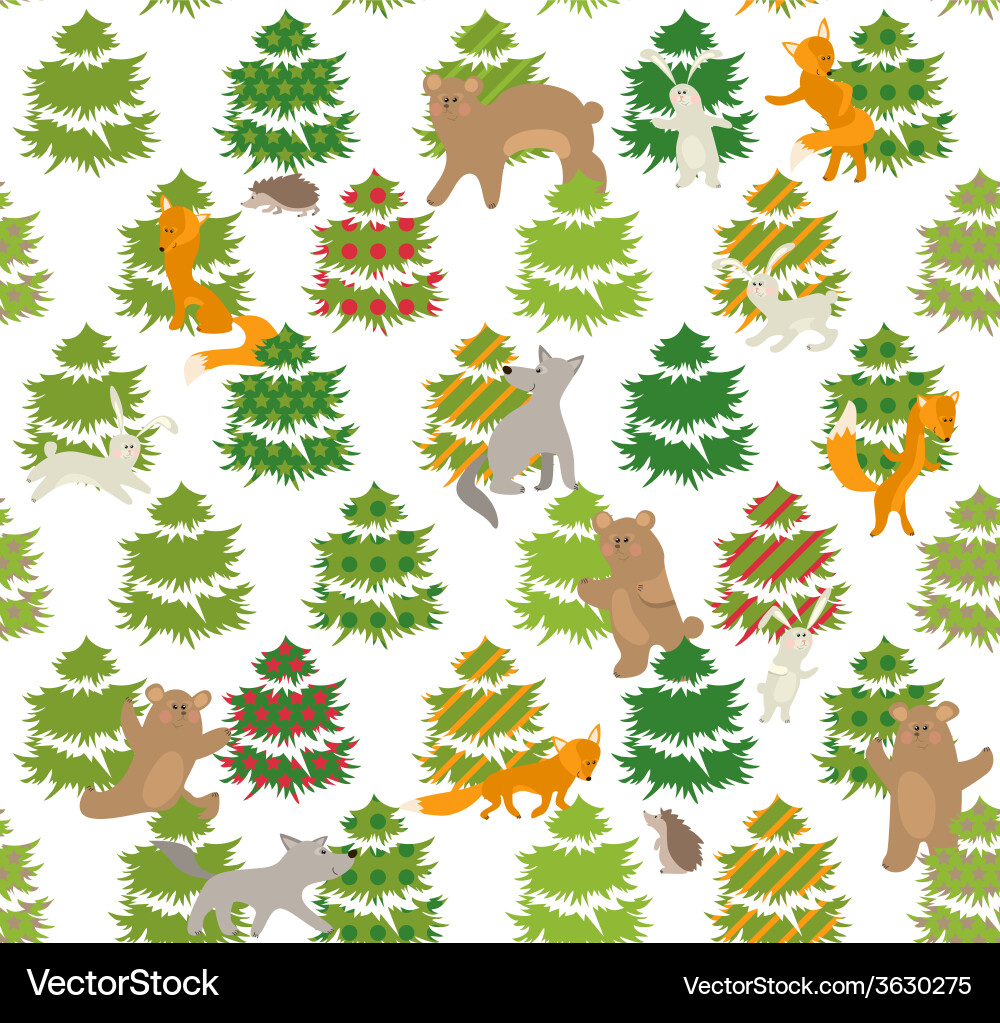 Seamless green pattern with trees and animals vector image