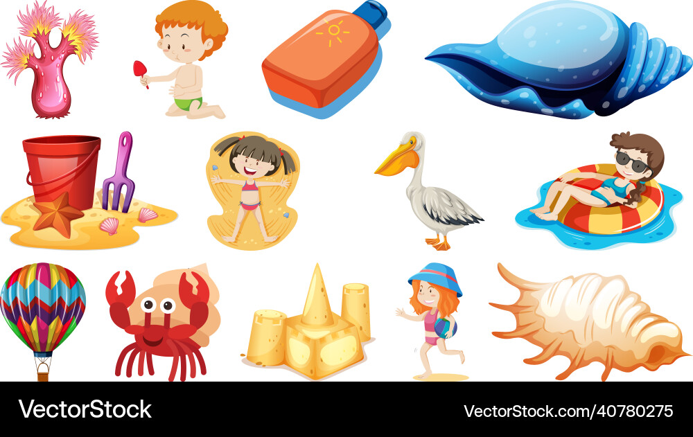Set of summer beach objects and cartoon characters Set of summer beach objects and cartoon characters vector image