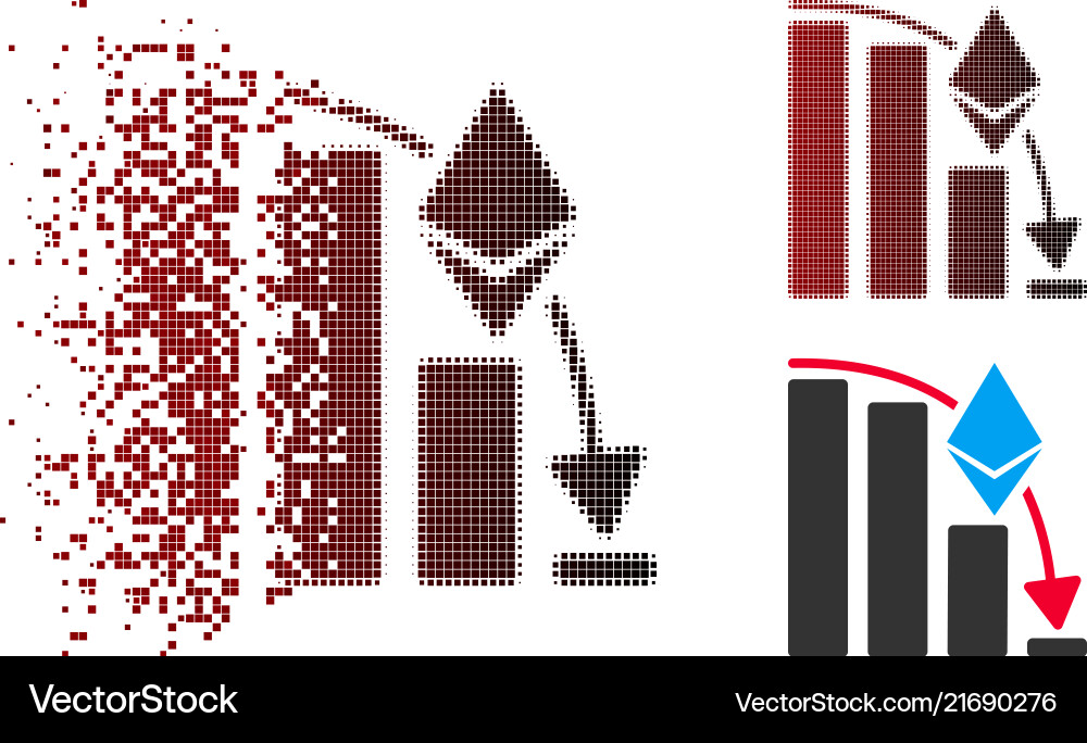 Disintegrating pixelated halftone ethereum falling vector image