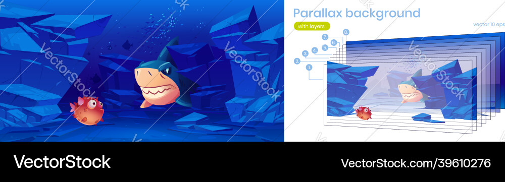 Parallax background with puffer fish and shark Parallax background with puffer fish and shark Vector Image