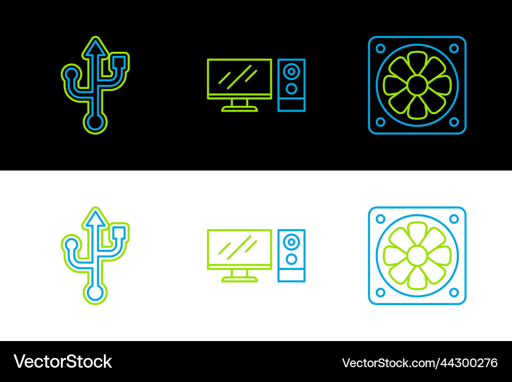 Set line computer cooler usb and monitor icon Set line computer cooler usb and monitor icon vector image