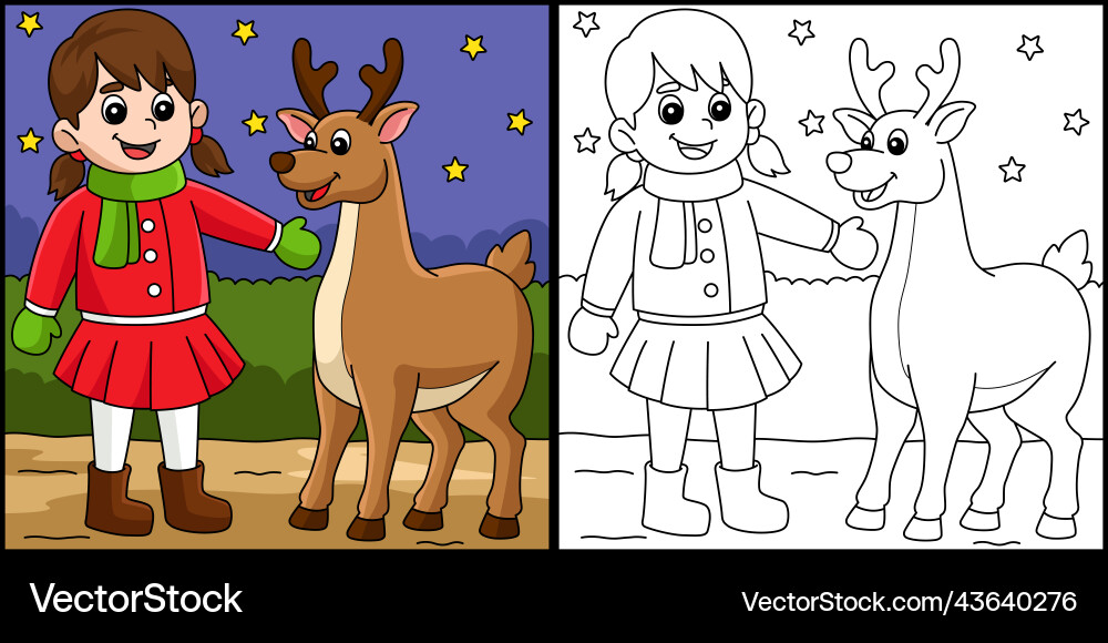 Weihnachtsmädchen und Rentiere Färbung Seite Weihnachtsmädchen und Rentiere Färbung Seite vektorbild