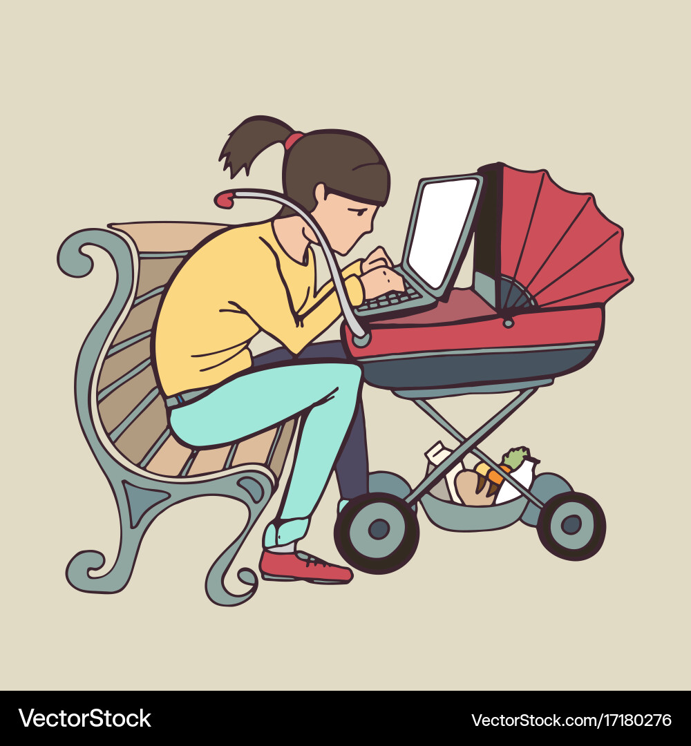 Yong working mother using laptop at stroller Vector Image