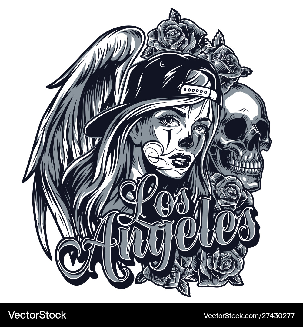 Chicano Angel Girl with Skull & Rose Vector Image
