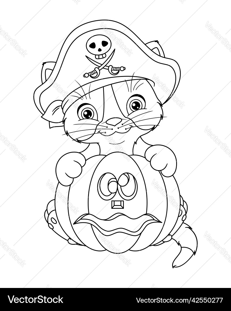 Cute Cat Pirate Halloween Coloring Page Vector Image