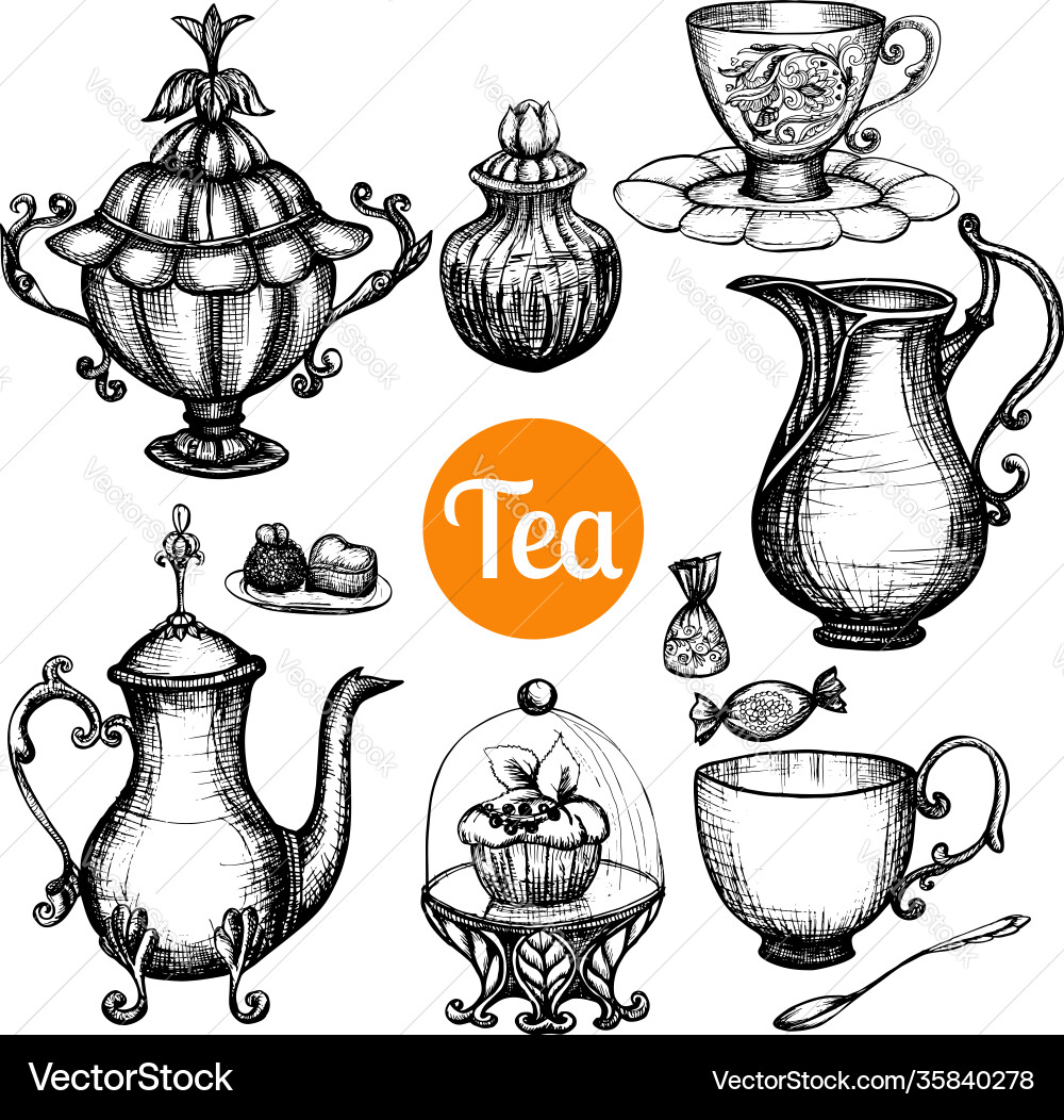 Hand drawn retro tea set Royalty Free Vector Image