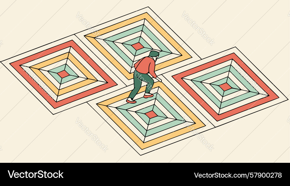 Man walking on path of receding geometric squares Vector Image