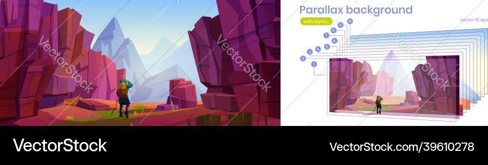 Parallax background with hiker walks in canyon Vector Image