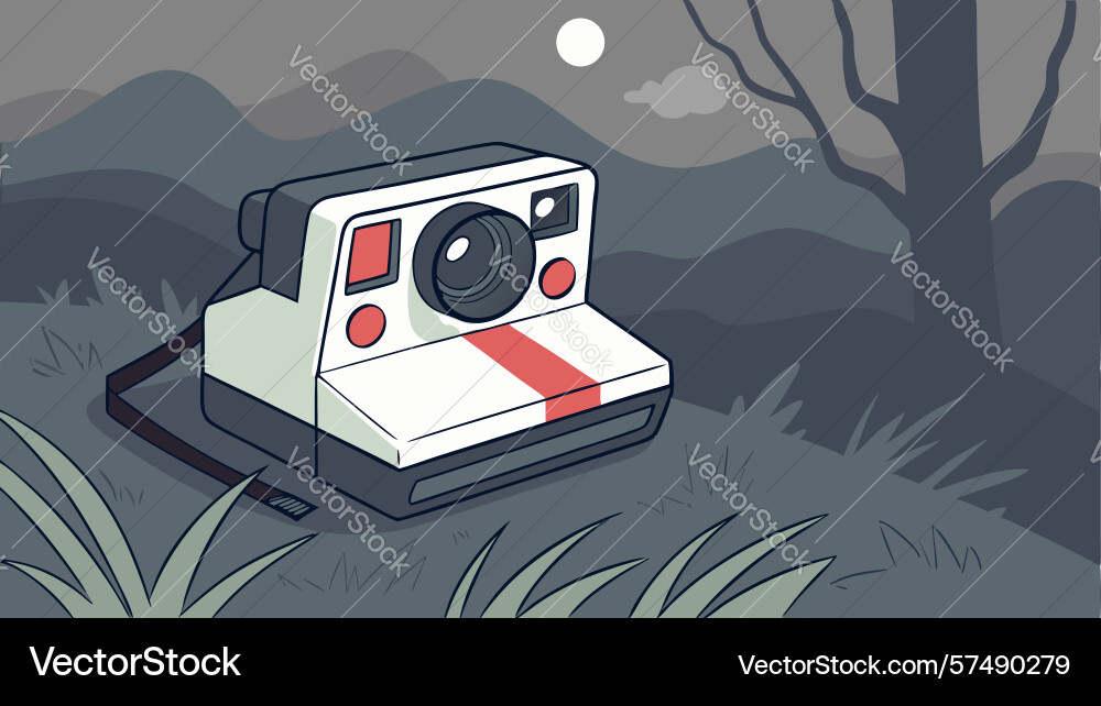 Instant camera in a gloomy bare forest capturing vector image