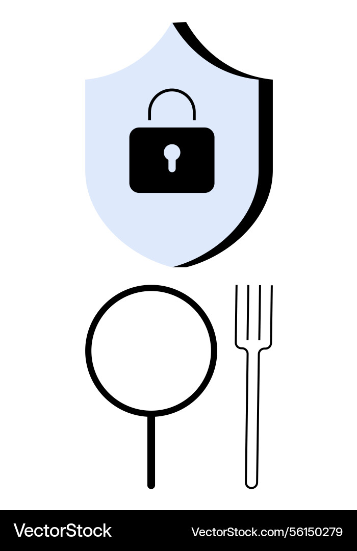 Lock on shield with magnifier and fork Lock on shield with magnifier and fork Vector Image