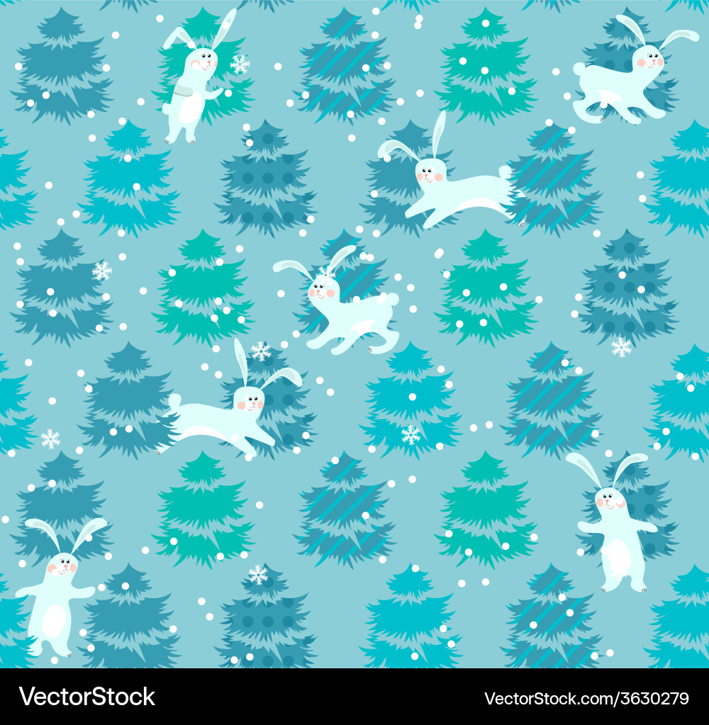 Seamless blue pattern with trees and rabbits vector image