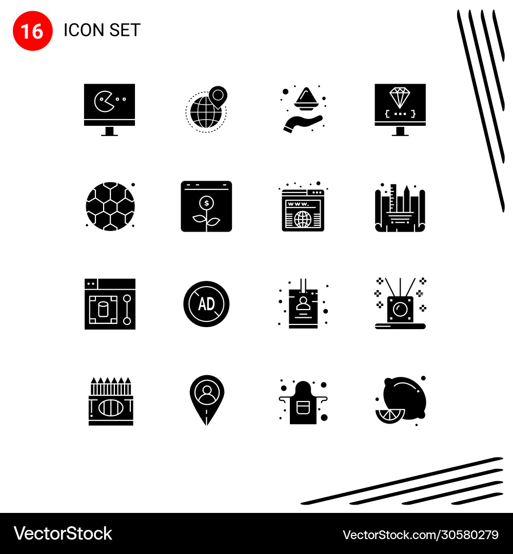 Set 16 solid glyphs on grid for development vector image