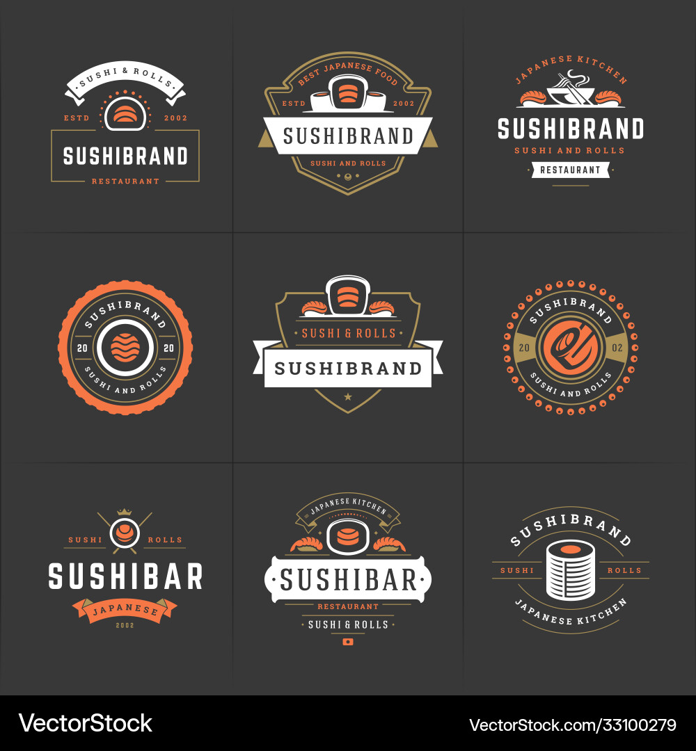 Sushi Restaurant logos und badges set japanese Sushi Restaurant logos und badges set japanese vektorbild