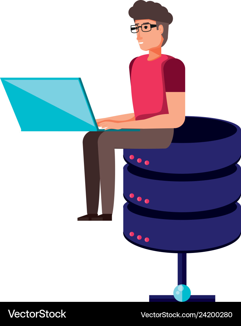 Data center disks with young man vector image