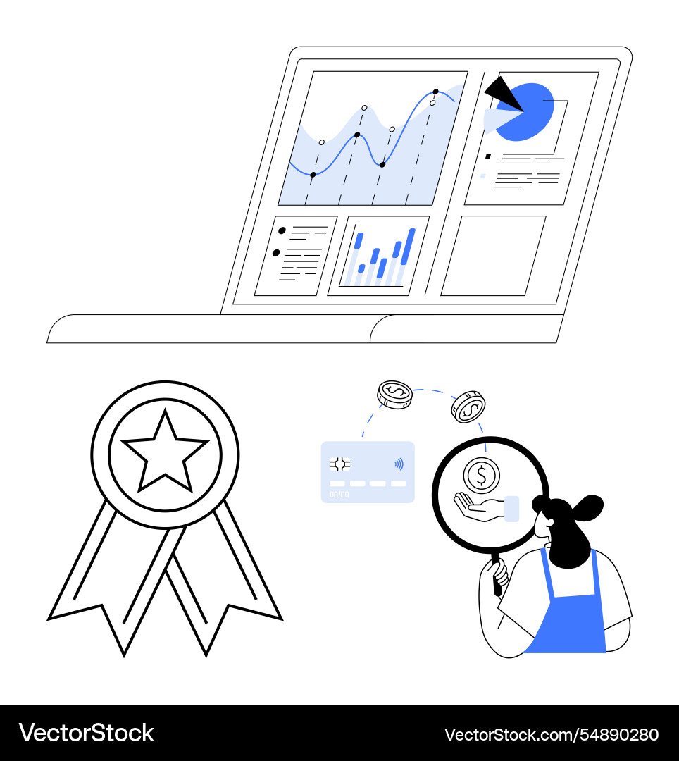 Laptop displaying data analytics with award badge Vector Image