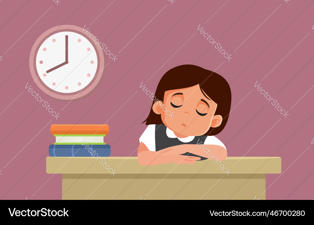 Müde Schulmädchen ruht ihren Kopf auf dem Schreibtisch Müde Schulmädchen ruht ihren Kopf auf dem Schreibtisch vektorbild