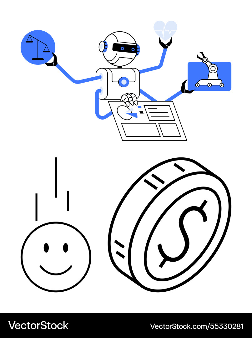 Robot multitasking with scales lightbulb robotic Robot multitasking with scales lightbulb robotic vector image