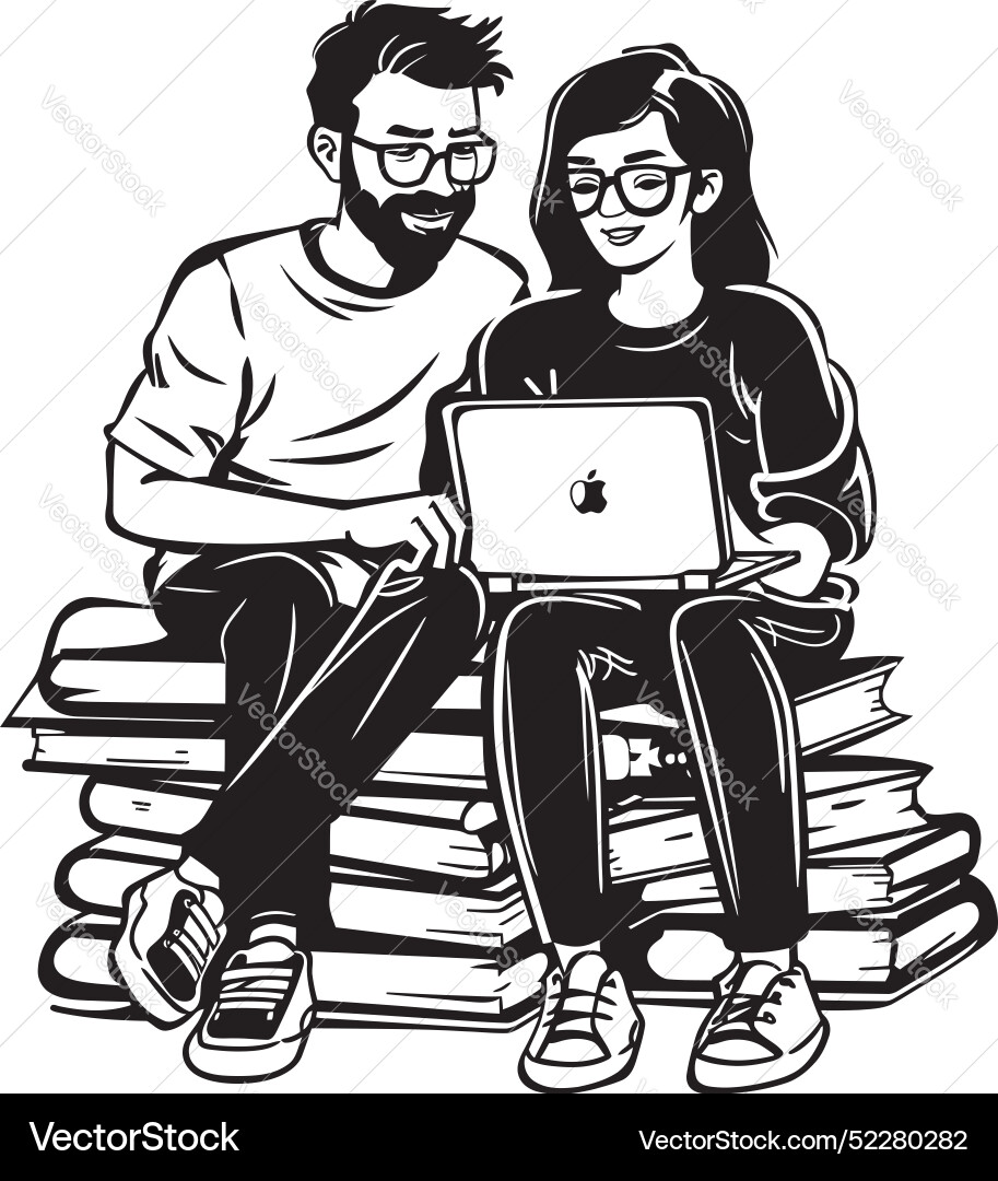 Connected by code couple with laptop on stack Connected by code couple with laptop on stack Vector Image