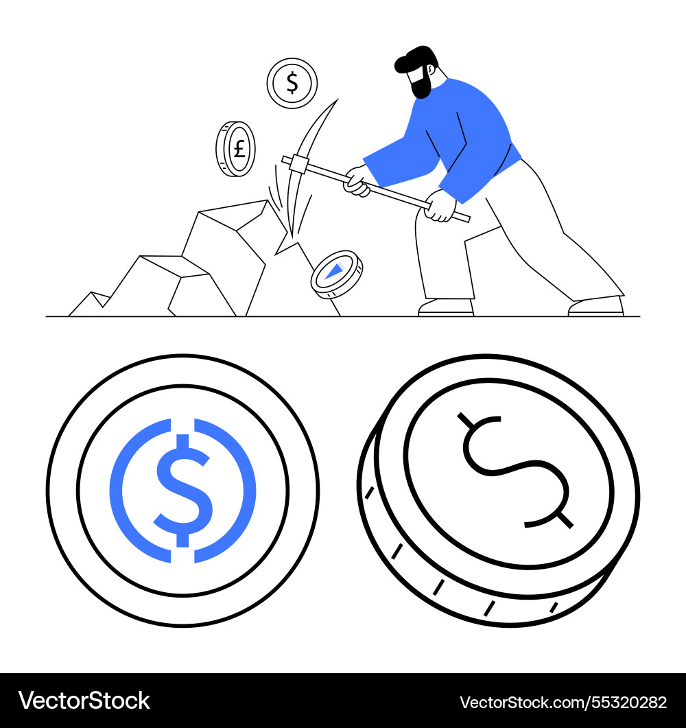 Cryptocurrency mining with person using pickaxe vector image