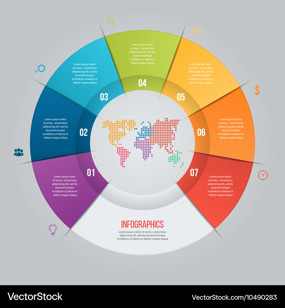 7 Segmented Pie Chart with World Map vector image