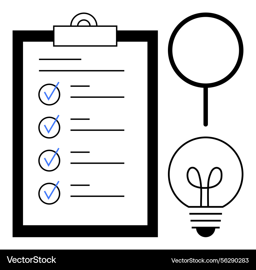 Checklist with completed tasks and light bulb idea Checklist with completed tasks and light bulb idea Vector Image