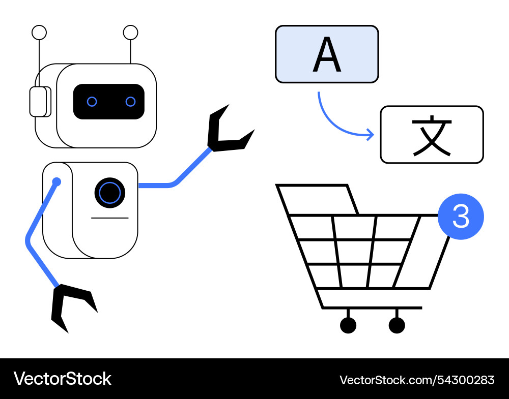 Robot translating languages with cart and number 3 Robot translating languages with cart and number 3 Vector Image