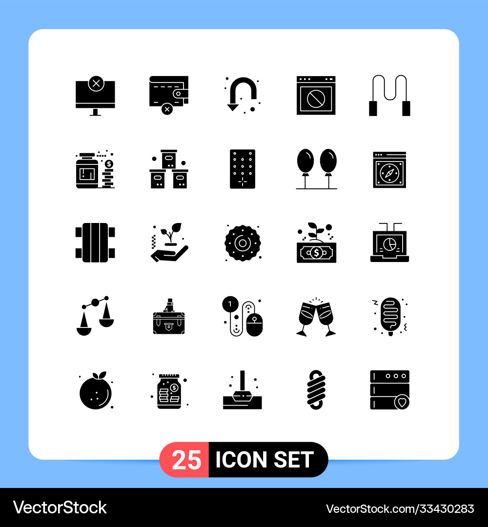 Set 25 solid glyphs on grid for rope web arrow Vector Image