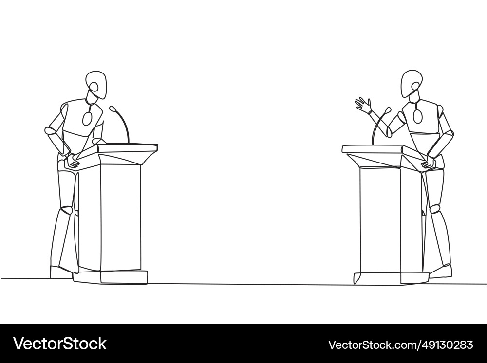 Single one line drawing two robot arguing Vector Image