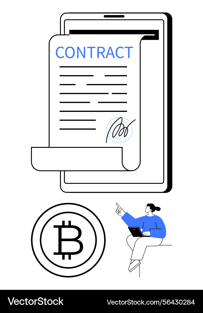 Digital contract signing on tablet with bitcoin Digital contract signing on tablet with bitcoin vector image