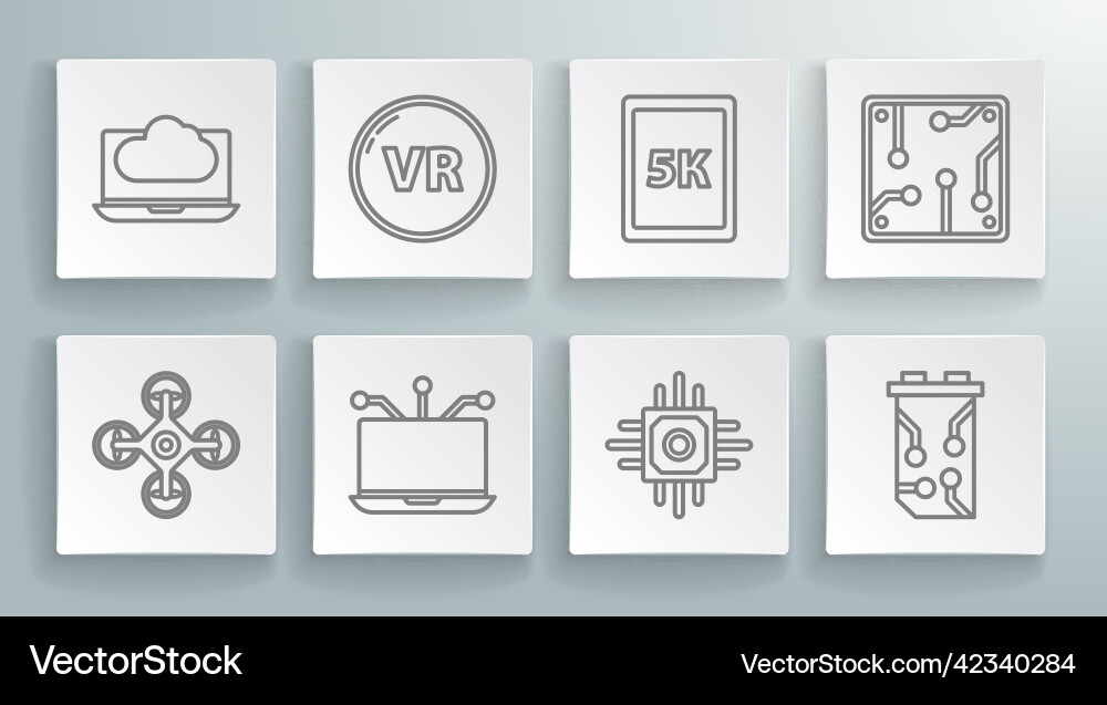 Set line drone virtual reality laptop processor Set line drone virtual reality laptop processor vector image