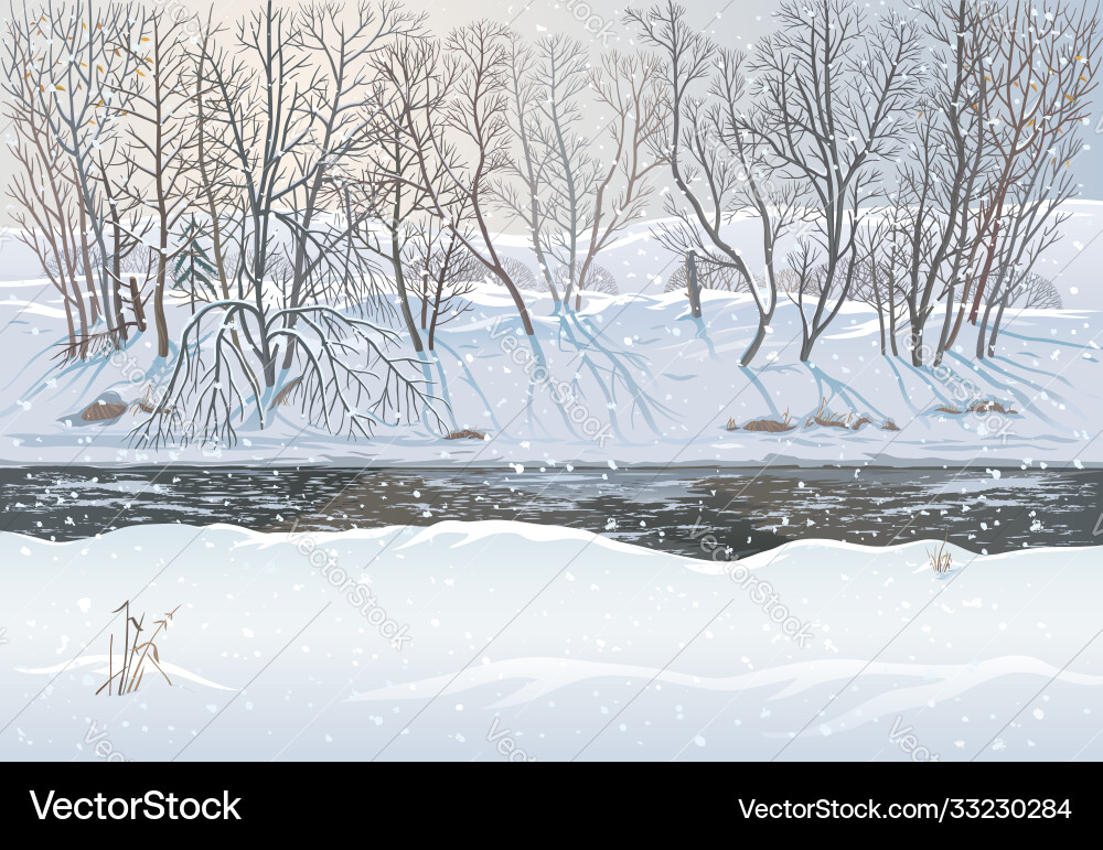 Winterwaldlandschaft mit eisfreiem Fluss Winterwaldlandschaft mit eisfreiem Fluss vektorbild