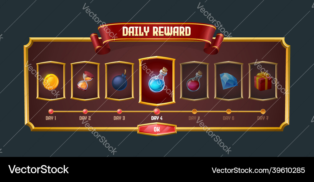 Daily game reward graphic interface menu panel Daily game reward graphic interface menu panel vector image