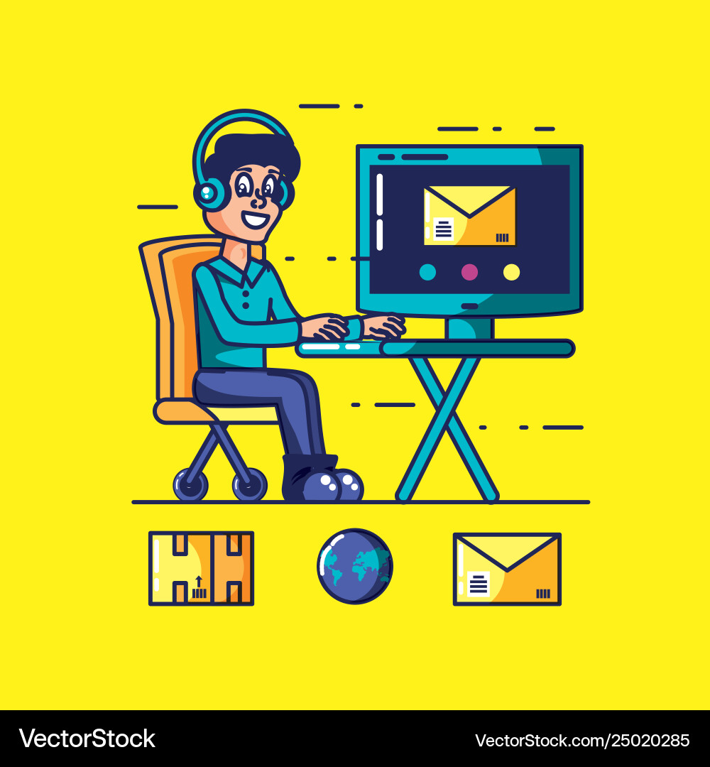 Delivery service worker with computer and icons vector image