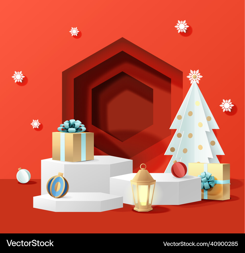 Display podium mockup set gift boxes red paper Display podium mockup set gift boxes red paper vector image