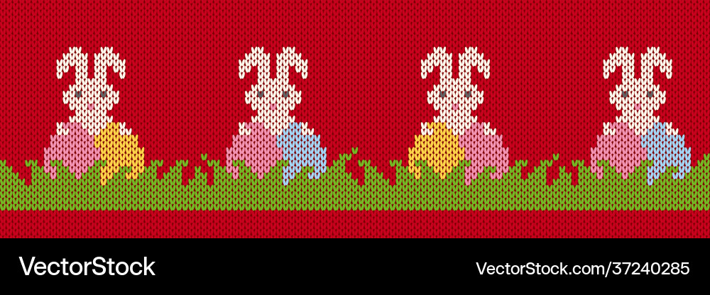 Easter bunny and eggs in grass on knit seamless vector image