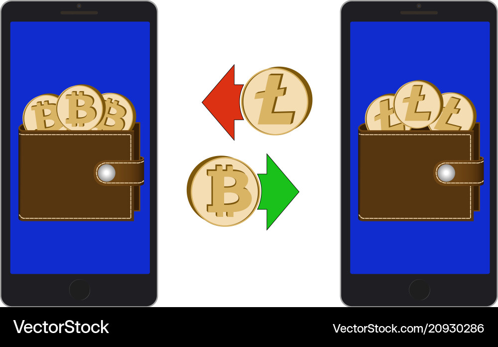 Exchange between bitcoin and litecoin in the phone Vector Image