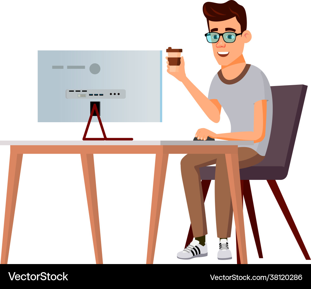 Young man geek working on computer early vector image